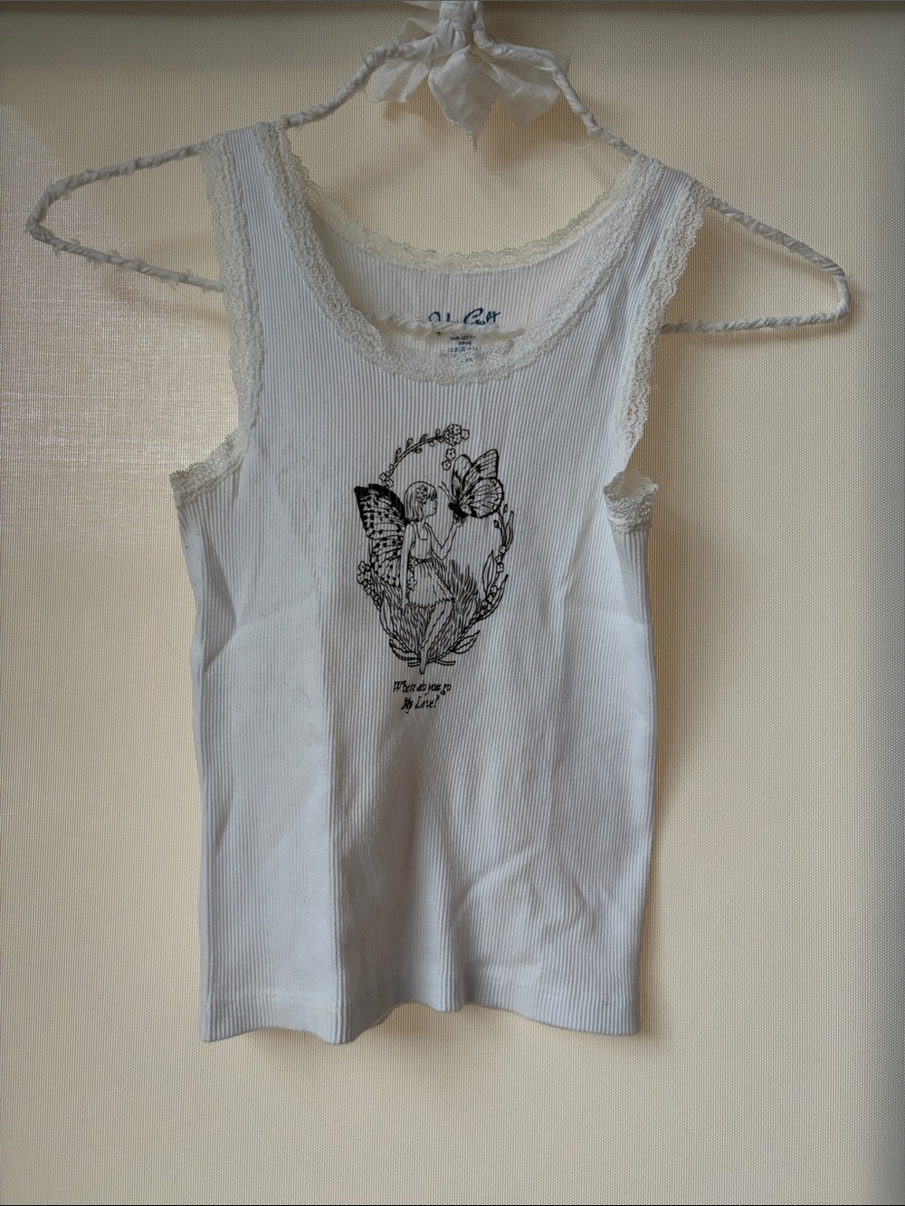 Brandy Melville White Ribbed Lace-Trim Tank with Brown Script